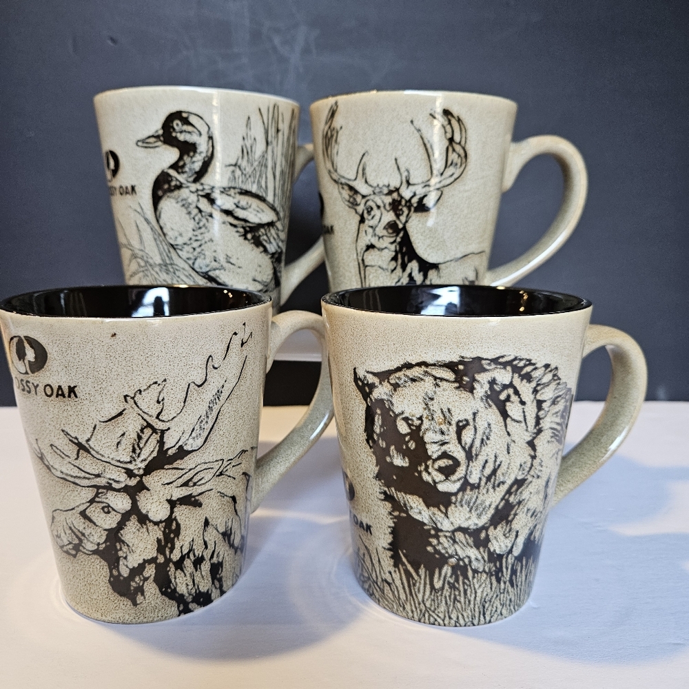 Mossy Oak Moose Deer Bear Duck Animal Print Stoneware 4 Piece Mug Set